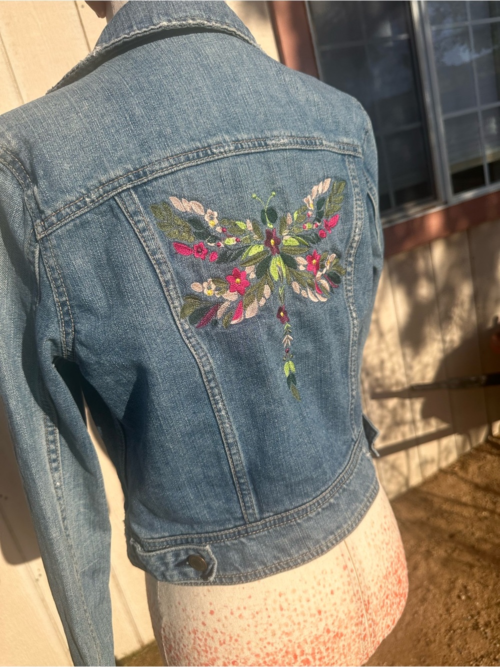 Women's Light Blue American Eagle Denim Jacket with Floral Embroidered Back